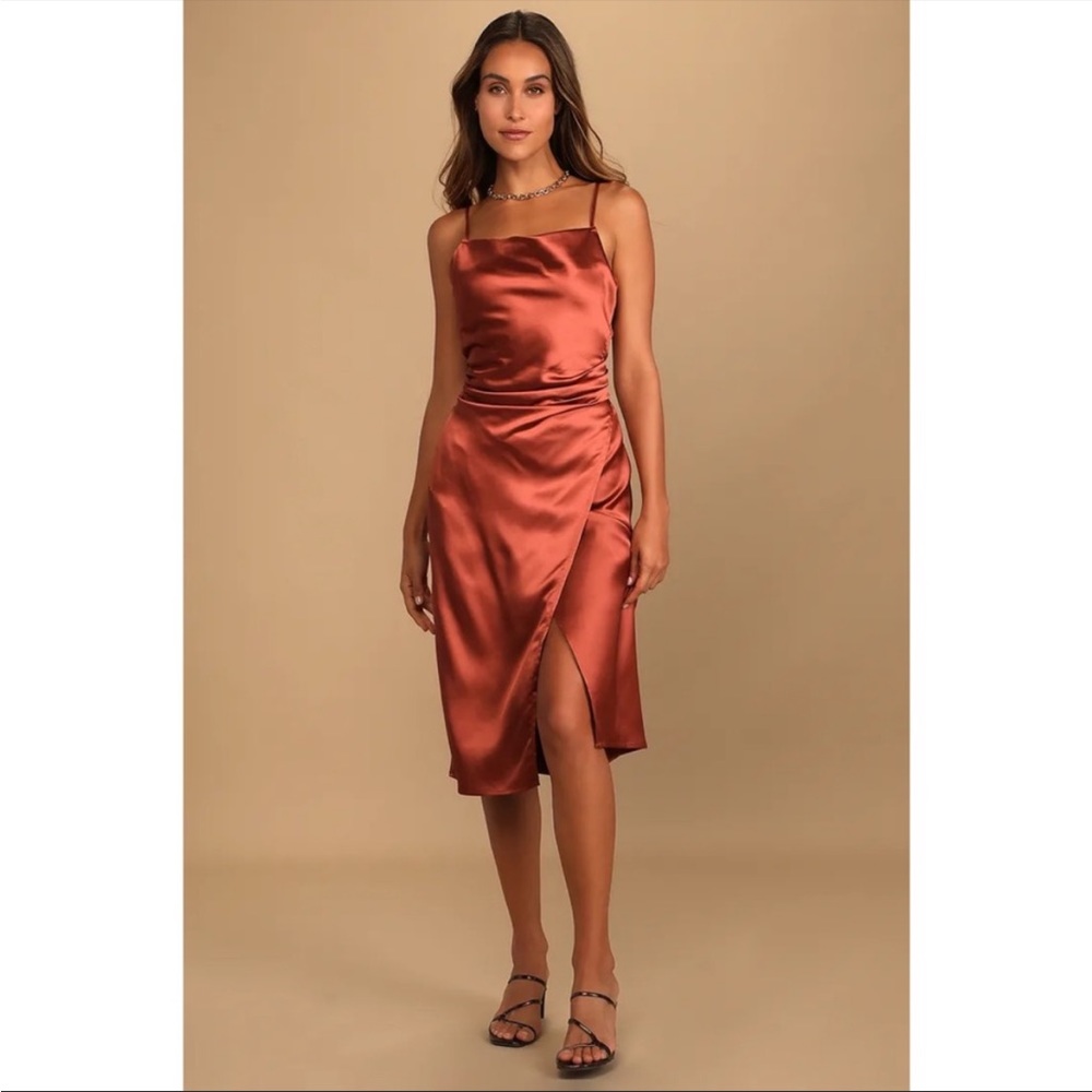 NWOT Lulus Lulus Hollywood Woman Bronze Satin Midi Dress Large